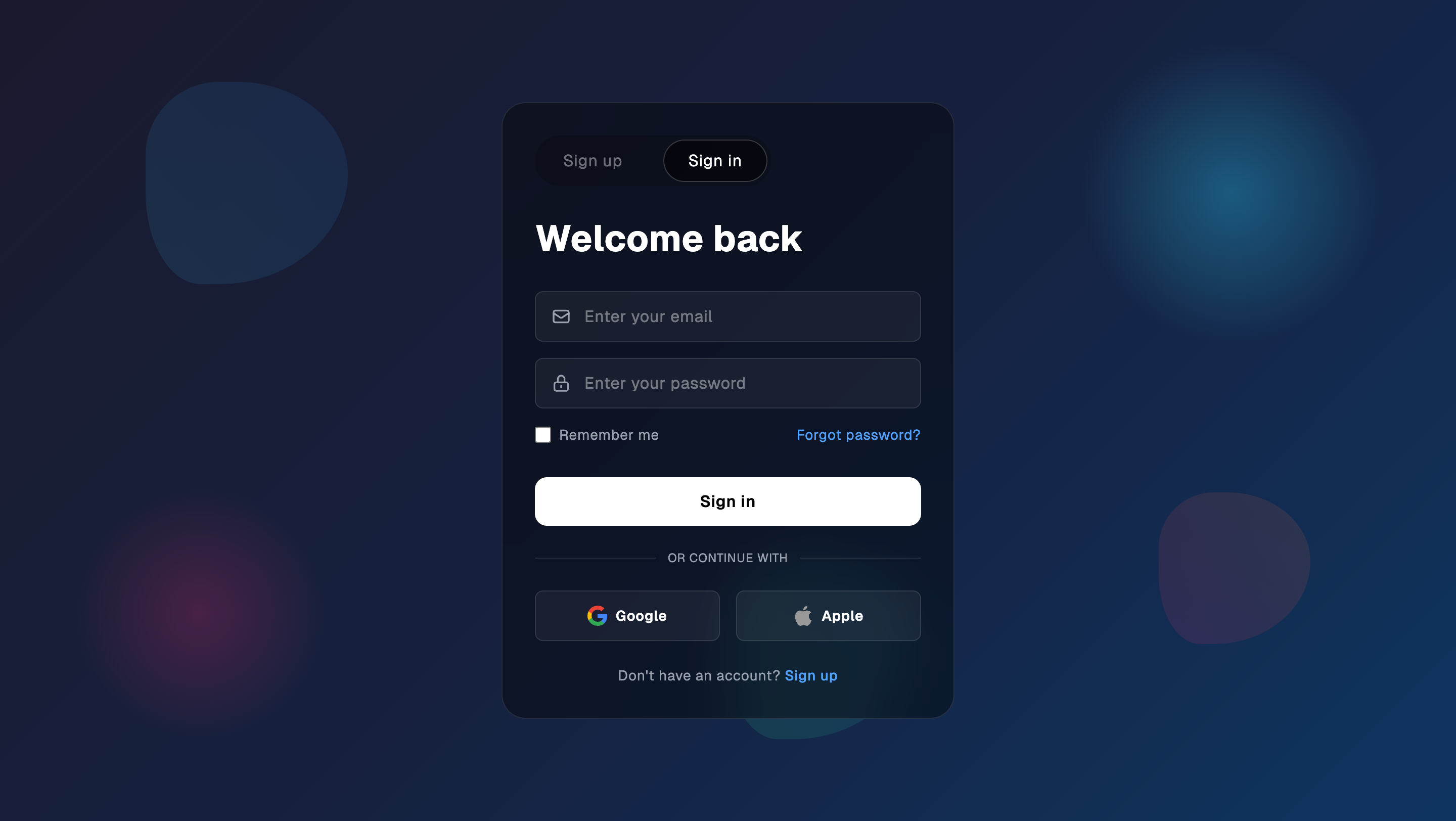 Dark Gradient Authentication UI with Login & Social Sign-In