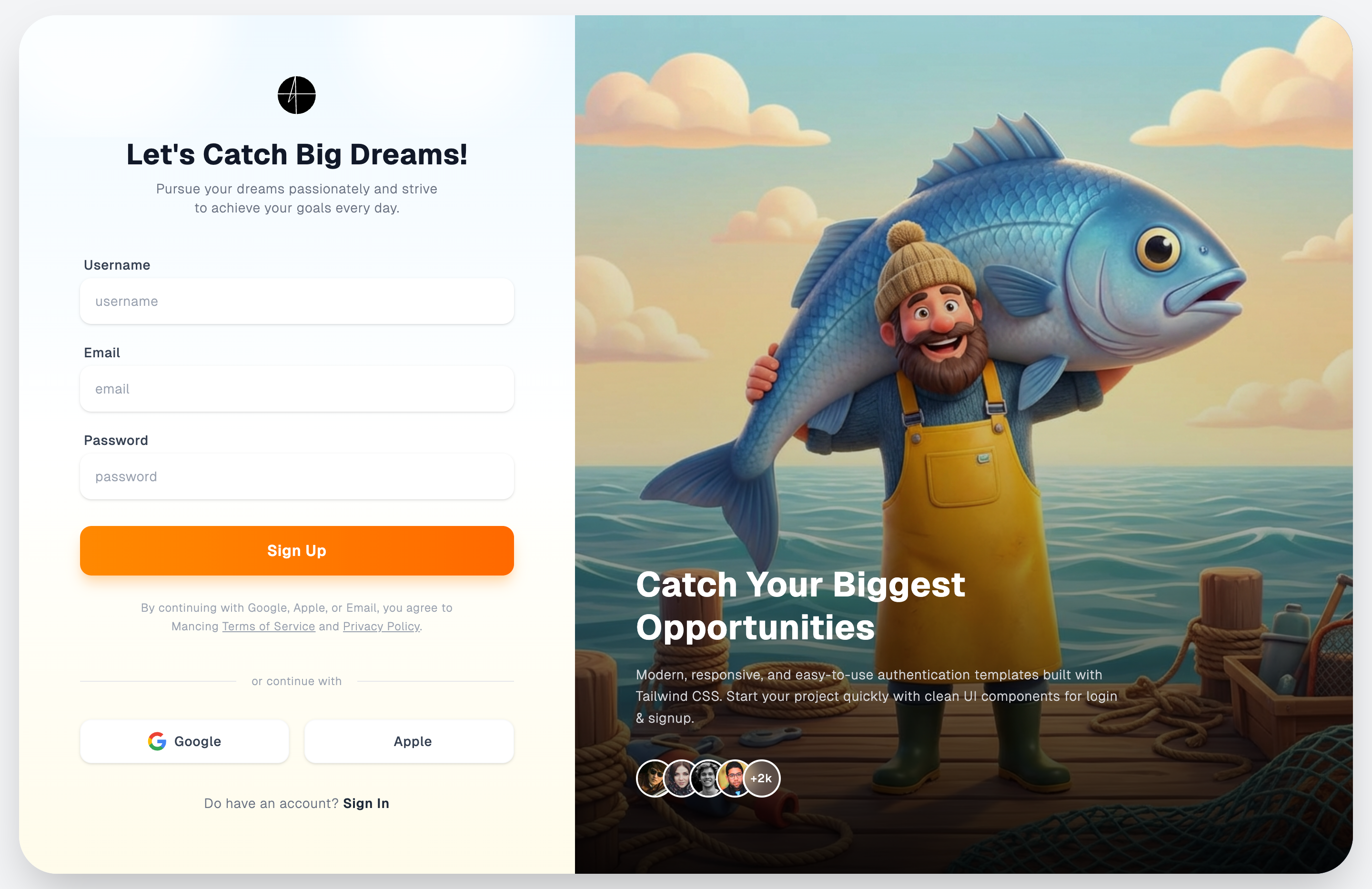Illustrated Split-Screen Signup UI Built with Tailwind CSS