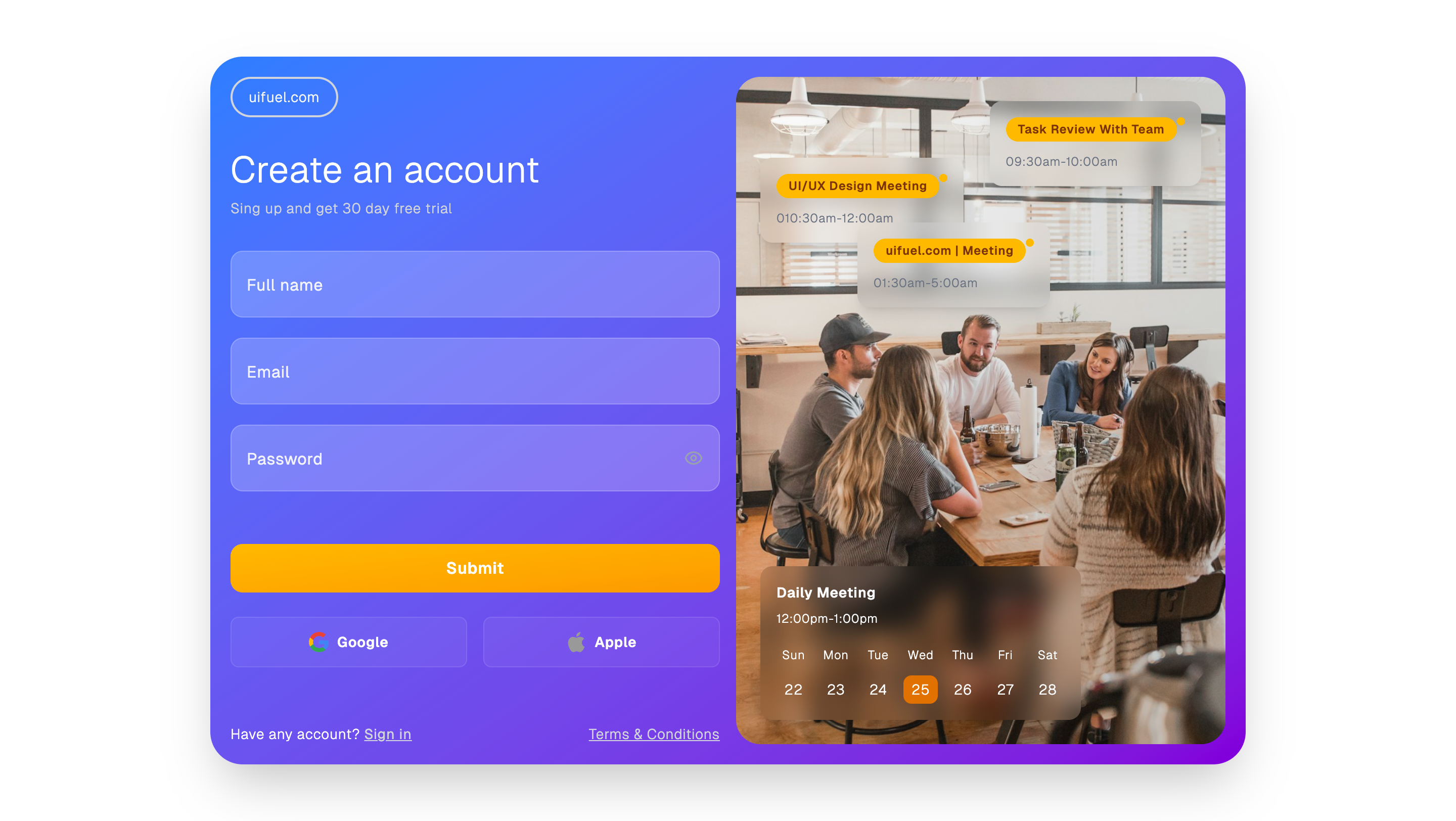 Gradient Split-Screen Signup UI with Productivity Showcase Using Tailwind CSS